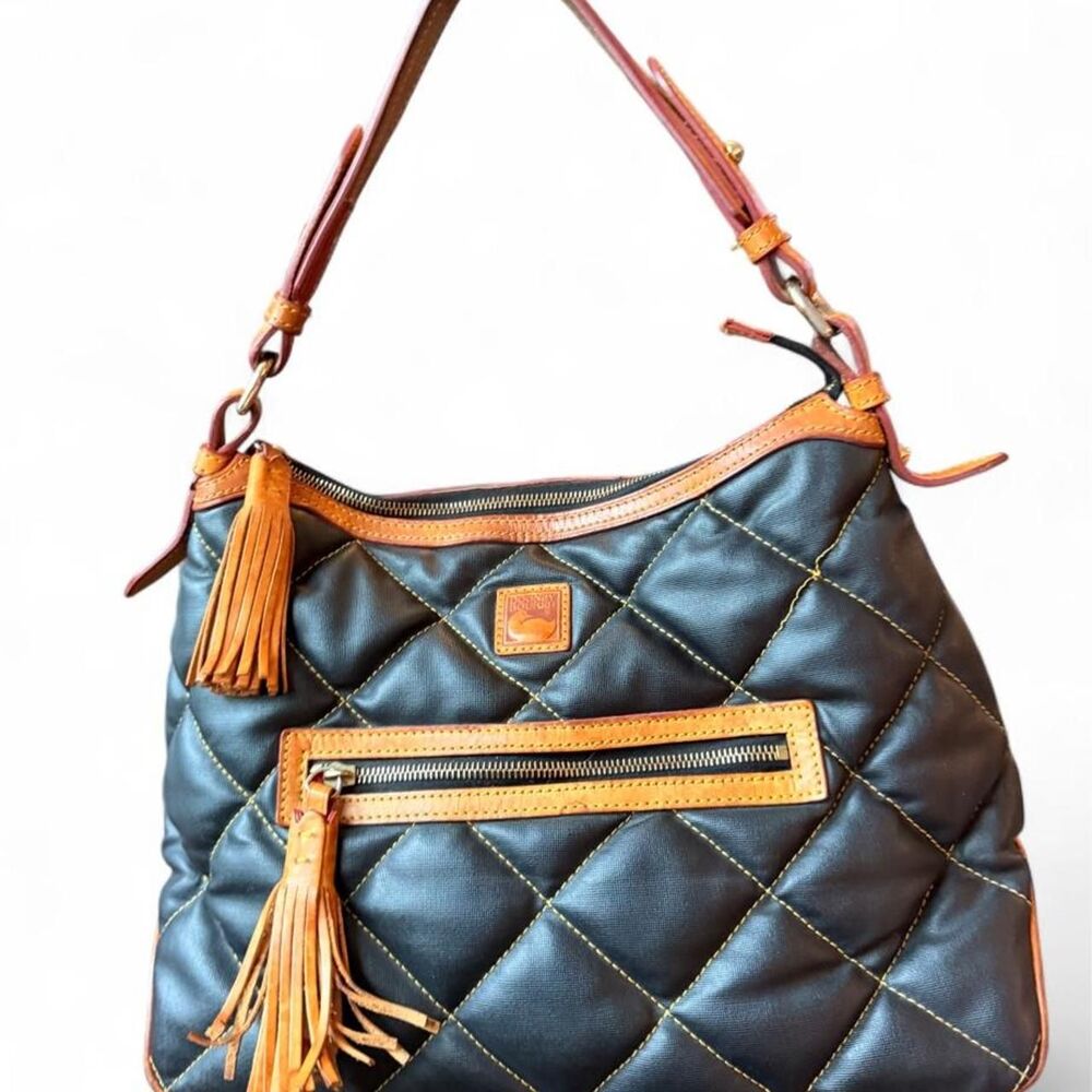 Dooney & Bourke Black Quilted Nylon Hobo Shoulder Bag Leather Tassels Y2K